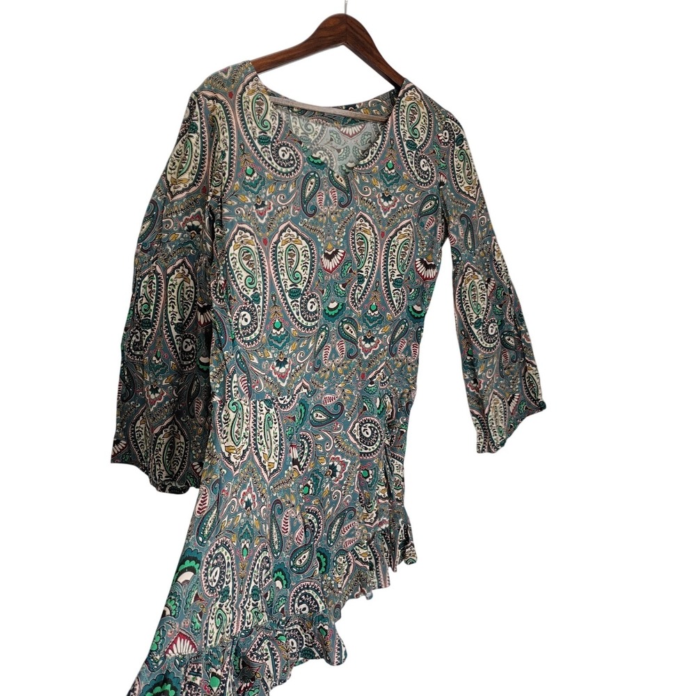 Just Paul Paisley Boho Mini Dress Teal V-Neck Bell Sv Ruffle Hem Poland Made - Picture 2 of 11